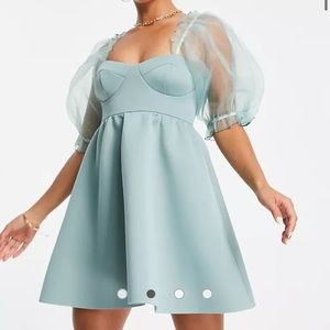 ASOS DESIGN Petite puffed organza sleeve babydoll dress in teal